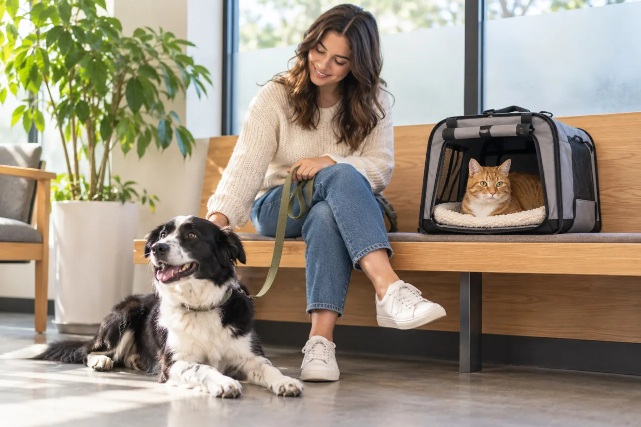 Owner sitting on a bench with a dog and a cat in a carrier nearby