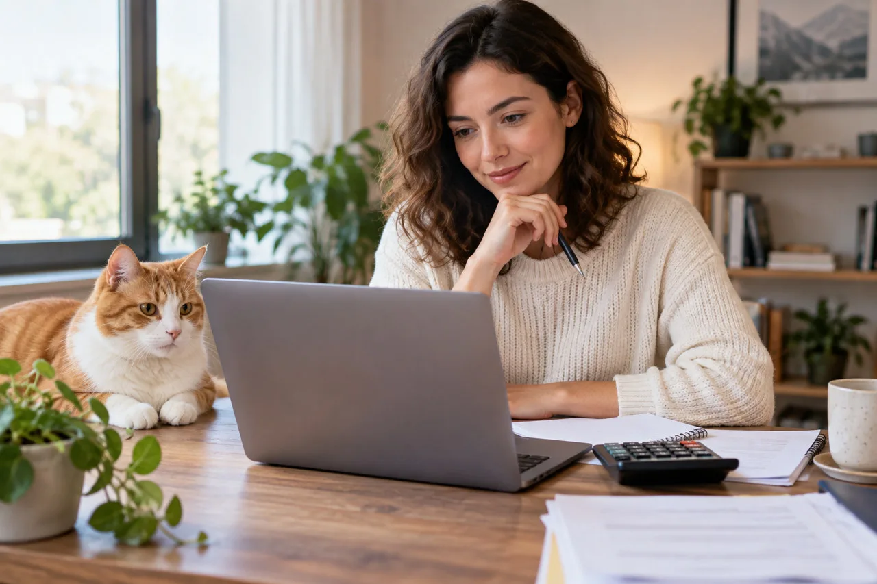 Owner using a laptop with a cat nearby